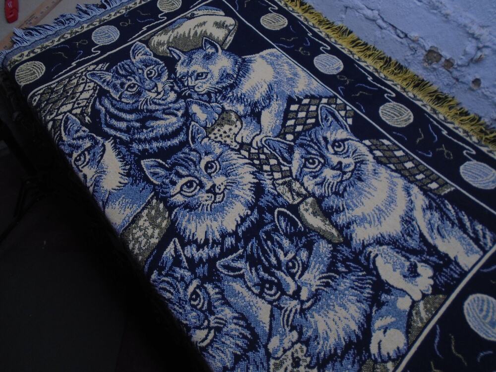 Vintage Woven Tapestry Cat Blanket 7 Cats And Yarn Balls Blue Yellow 47x40